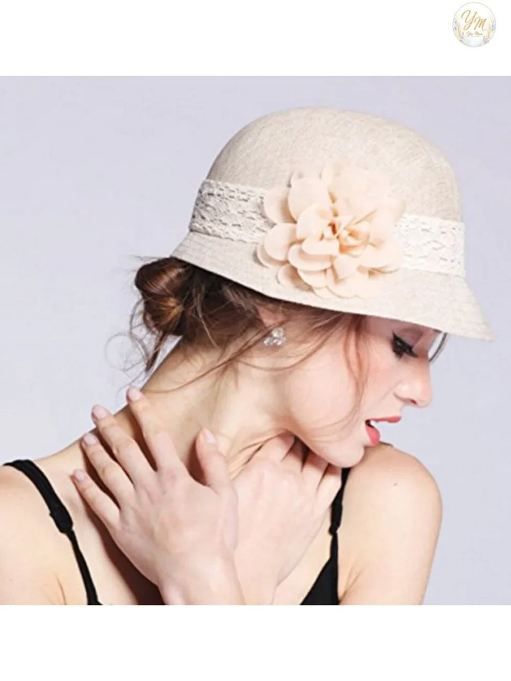Women's Linen Cloche Sun Hat with Lace Band and Flower, Adjustable, Wedding